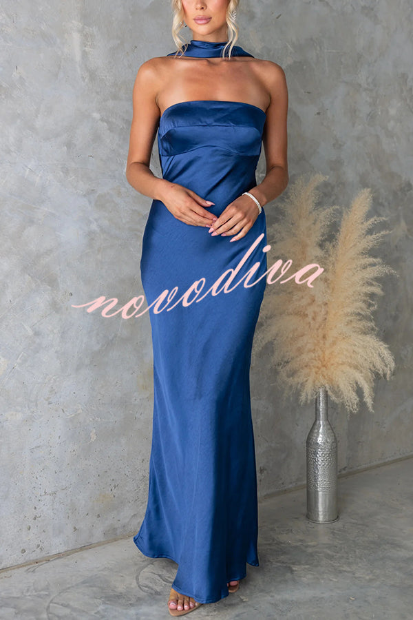 Satin Elegant Off-the-shoulder Backless Maxi Dress