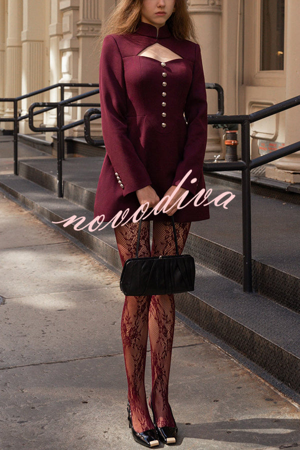 Elegant Long-sleeved Hollowed-out Button-down Slim-fit Mini Dress