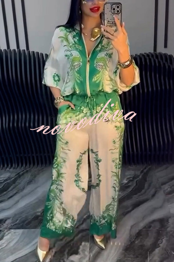 Unique Printed Casual Long-sleeved Loose Top and Elastic Waist Pocket Wide-leg Pants Set