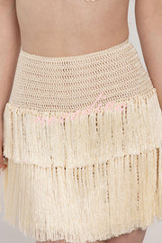 Resort Style Solid Knit Camisole Top and Fringed Cutout Mini Skirt Set