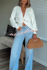 Only Yours Knit Metal Leaf Shape Button Lantern Sleeve Relaxed Cardigan