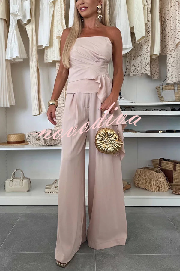 Elegant Solid Color Asymmetric Ruffles Bandeau Top and High Waist Wide Leg Pants Set