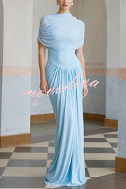 Elegant Mesh Cape-style Pleated Draped Maxi Dress