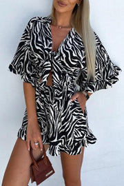 Zebra Print Ruffled Sleeves Dropped Sleeves V Neck Tie High Waist Romper