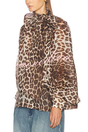 Arianne Chiffon Leopard Print Bow Neck Long Balloon Sleeve Loose Blouse