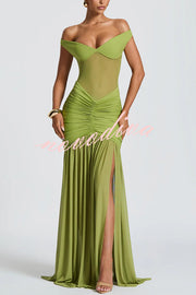 Raise The Level Mesh Off Shoulder Ruched Scarf Stretch Maxi Dress
