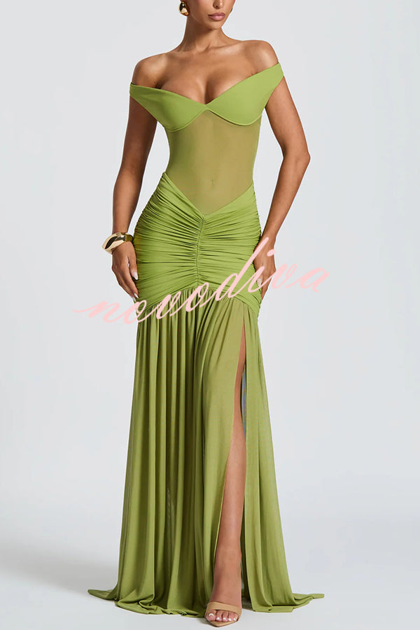Raise The Level Mesh Off Shoulder Ruched Scarf Stretch Maxi Dress