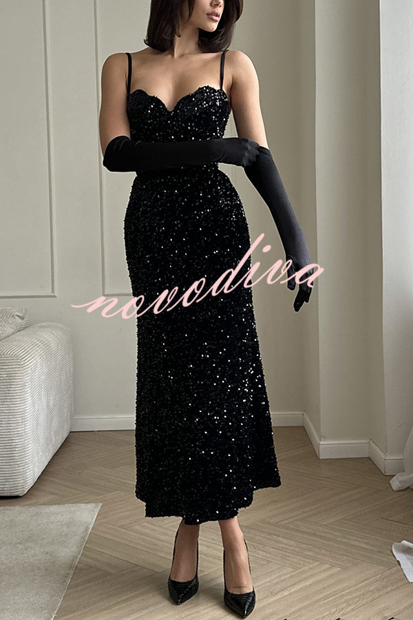 Yulissa Velvet Sequin Petal Sweetheart Neck Slip Stretch Maxi Dress