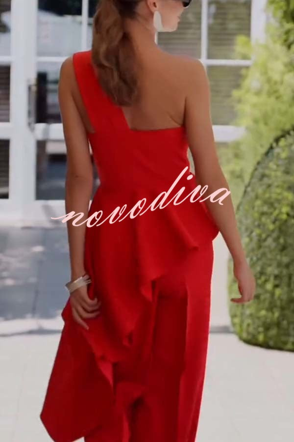 Amena One Shoulder Sweetheart Neck Ruffle Hem Top and Elastic Waist Pocket Wide Leg Pants Set