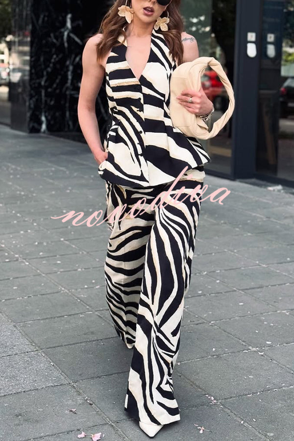 Zebra Print Halter Neck Backless Button-Down Top