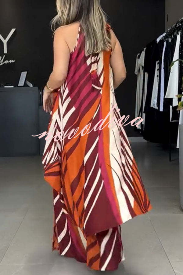 Edina Unique Print High Low Halter Loose Top and Elastic Waist Pocketed Wide Leg Pants Set