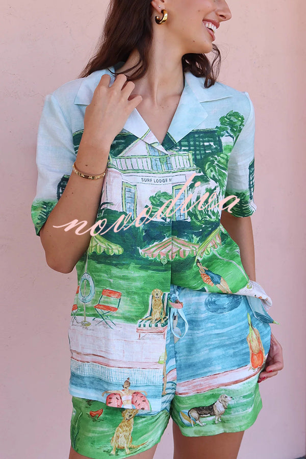 Pool Parties Linen Blend Unique Print Short Sleeve Shirt and Elastic Waist Pocket Shorts Set