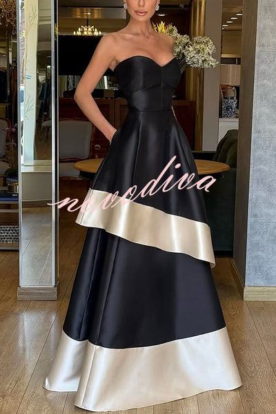Vivian Satin Contrast Color Sweetheart Bandeau Neck Pocket Layered Maxi Dress