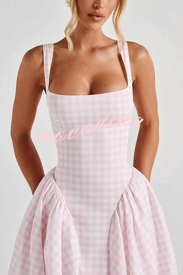 Playful Elf Gingham Square Neck Back Smocked Lace-up Midi Dress