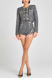 Remy Check Bouclé-tweed Fabric Pearl Trim Gold Button Long Sleeve Jacket