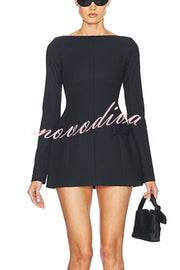 Budding Elegance Bow Detail Boat Neck Long Sleeve Mini Dress