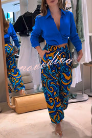 Ocean Heart Linen Blend Printed Ruched Hem Blouse and Belted High Rise Pocket Loose Pants Set