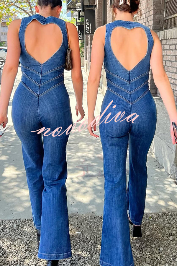Fashionable Heart Hollow Back Slim High Waist Flared Denim Jumpsuit