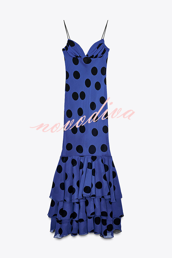 Eliora Mesh Polka Dot Print Gathered Bust Layered Fishtail Hem Maxi Dress