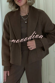 Comfortable Season Shawl Collar Open-front Long Sleeve Flap Pockets Crop Coat