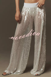 Shining Seaside Sequin Mid Rise Elastic Waist Boyfriend Loose Pants