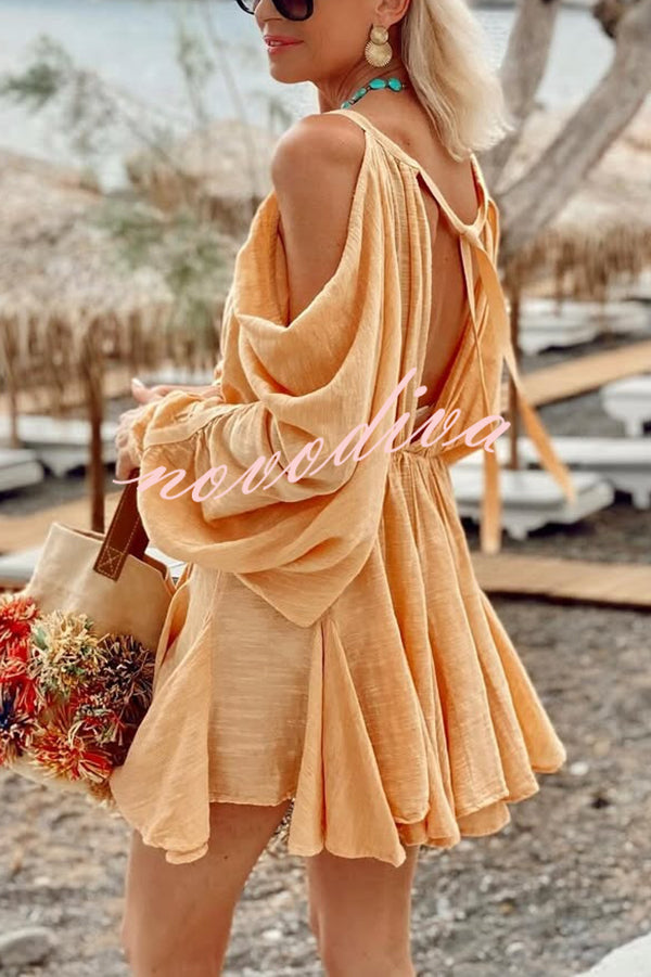 Anita Cold Shoulder Ruched Balloon Sleeve Pleated Hem Loose Mini Dress