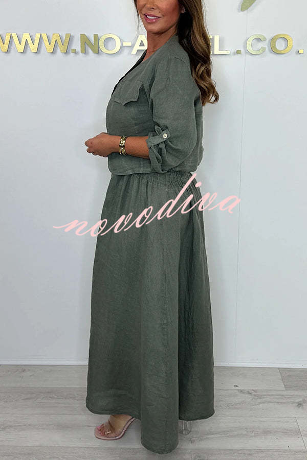 Solid Color Casual Short Jacket and Suspender Pleated Maxi Dress Set