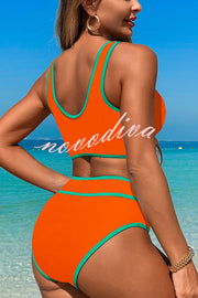 Solid Color Contrast High Waist Stretch Bikini Swimsuit