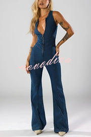 Fashionable Heart Hollow Back Slim High Waist Flared Denim Jumpsuit