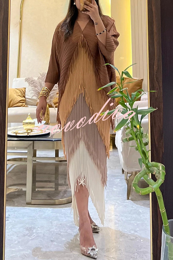 Fashionable Color-blocked Multi-layered Tassel Loose Midi Dress