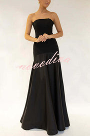 Timeless Elegance Satin Patchwork Strapless Flare Gown Maxi Dress