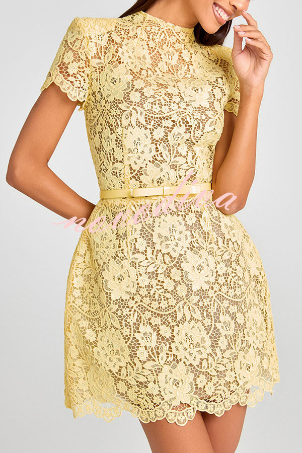 Champagne Toast Flower Lace Short Sleeve Bow Belted Mini Dress