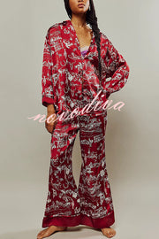 Unique Printed Lounge Long-sleeved Shirt and Elastic Waisted Baggy Pants Set