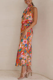 Fascinating Day Floral Halter Neck Elastic Waist Maxi Dress