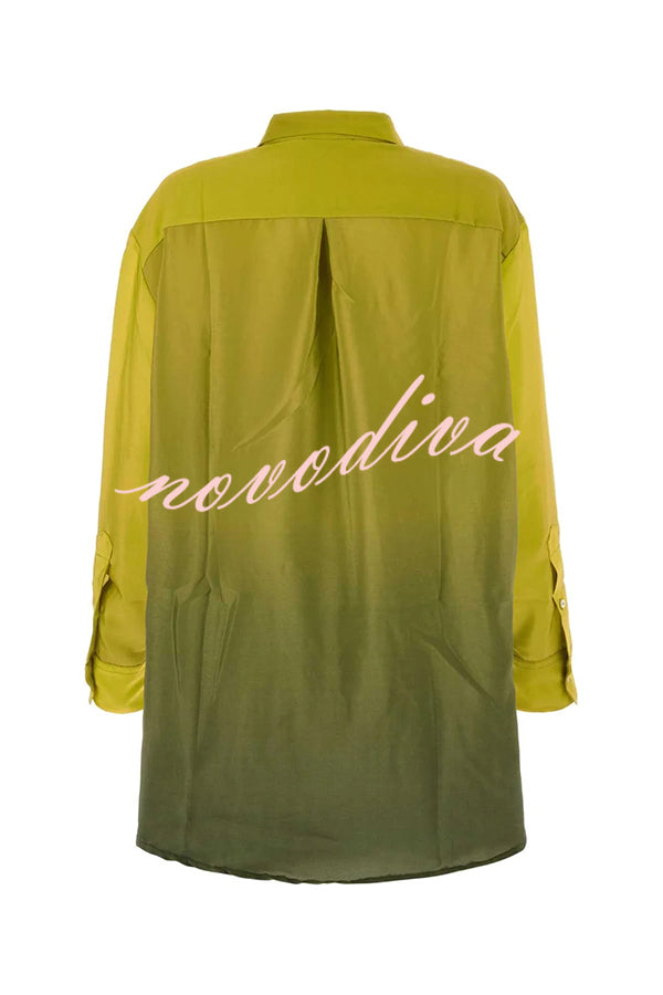 Moonlit Waltz Gradient Print Button Up Long Sleeve Loose Blouse