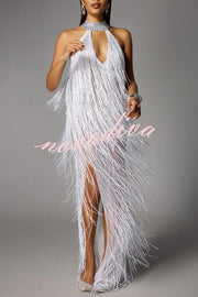 Glimmer Hour Shiny Layered Tassels Halter Cutout Neck Split Maxi Dress