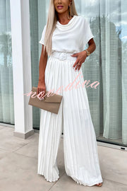 Ivy Cowl Neck Short Sleeve Belt Pleated Loose Wide Leg Jumpsuit