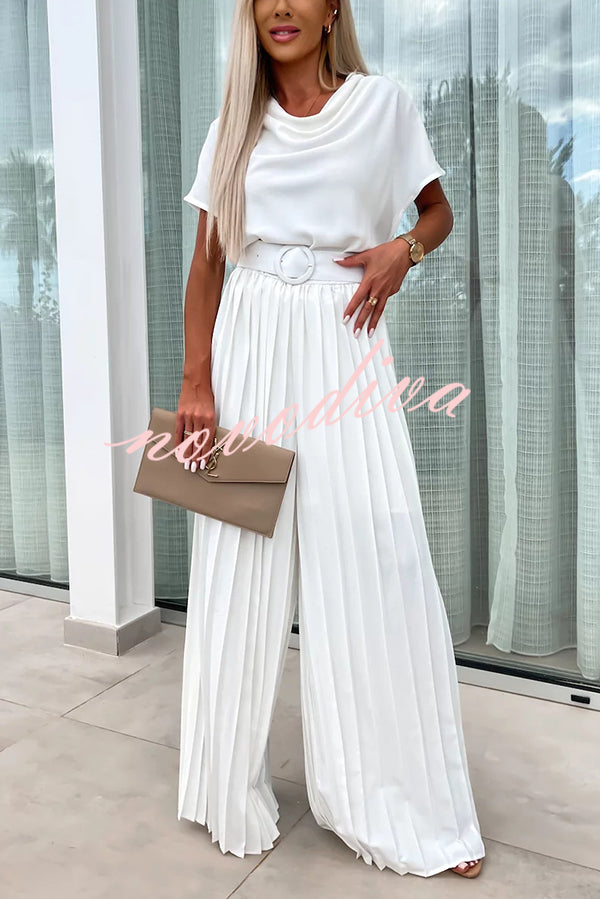 Ivy Cowl Neck Short Sleeve Belt Pleated Loose Wide Leg Jumpsuit