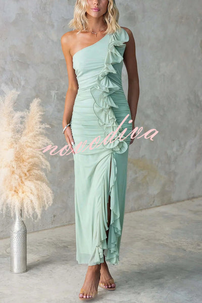 Fashion One-shoulder Pleated Sexy High Slit Slim Dress