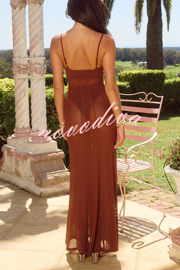 Espresso Sexy Mesh Floral Hardware Slip Stretch Maxi Dress