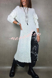 Solid Color Knitted Long-sleeved Casual Slit Midi Dress