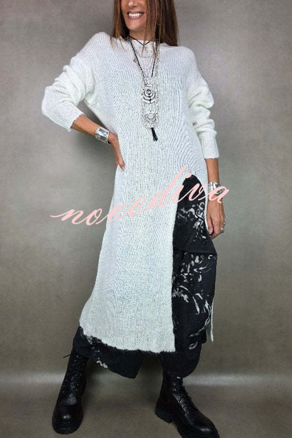 Solid Color Knitted Long-sleeved Casual Slit Midi Dress