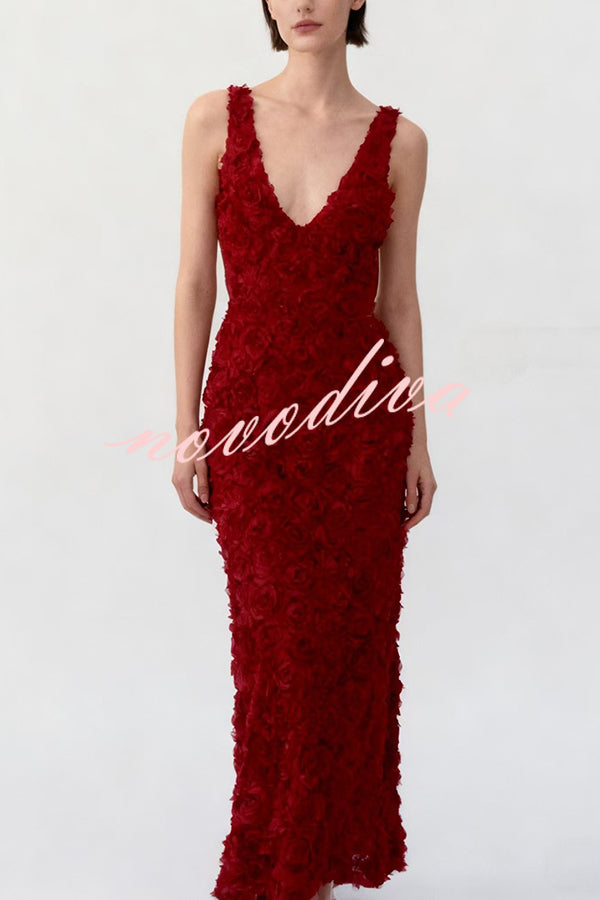 Three-dimensional Flower Sexy V-neck Slim Maxi Dress