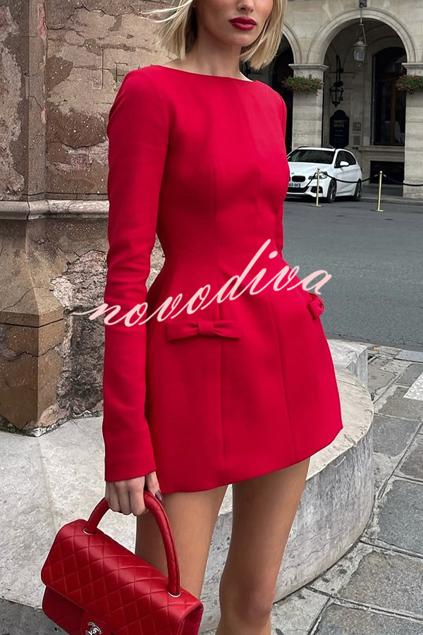 Budding Elegance Bow Detail Boat Neck Long Sleeve Mini Dress