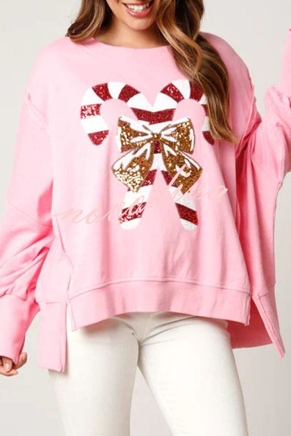 Candy Cane Lane Sequined Pullover Long Sleeved Sweatshirt