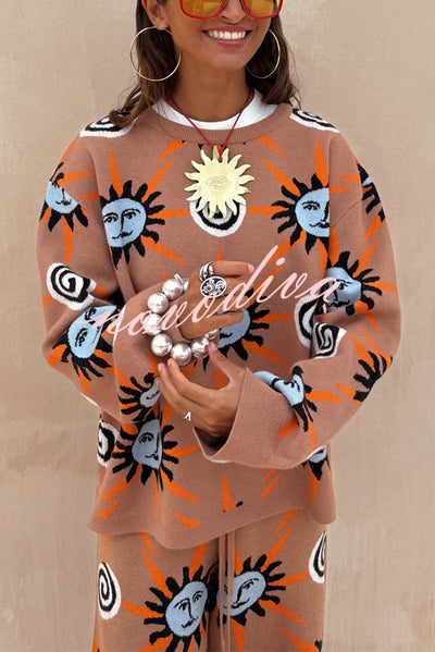Mediterranean Art Knit Unique Sun Vortex Print Long Sleeve Relaxed Sweater