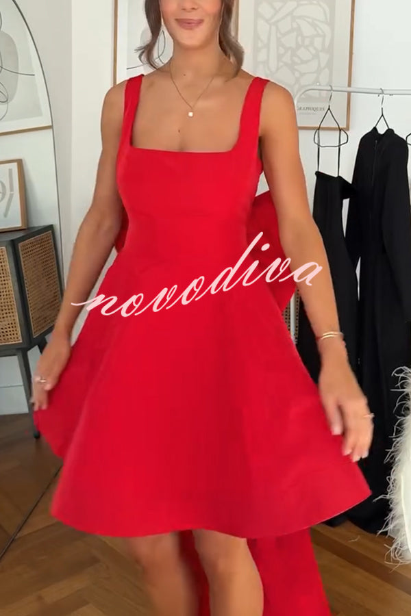 Red Drama Taffeta Square Neck Back Oversized Bow Pocket Mini Dress