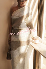 Soft Autumn Knit Colorblock One Shoulder Sleeve Ribbed Trim Loose Sweater