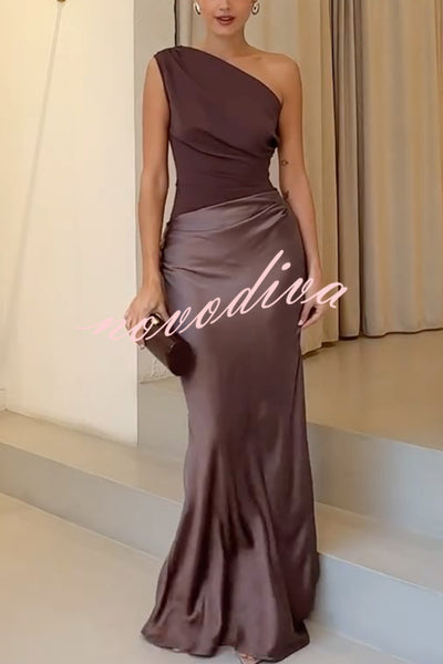 Kaia Satin Contrast Fabric Patchwork One Shoulder Ruched Maxi Dress