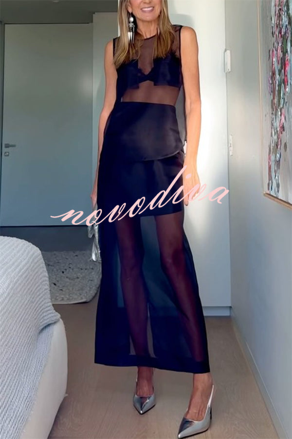 Embraces Modern Sheer Organza Pocket Oversized Tank and High Rise Slit Midi Skirt Set